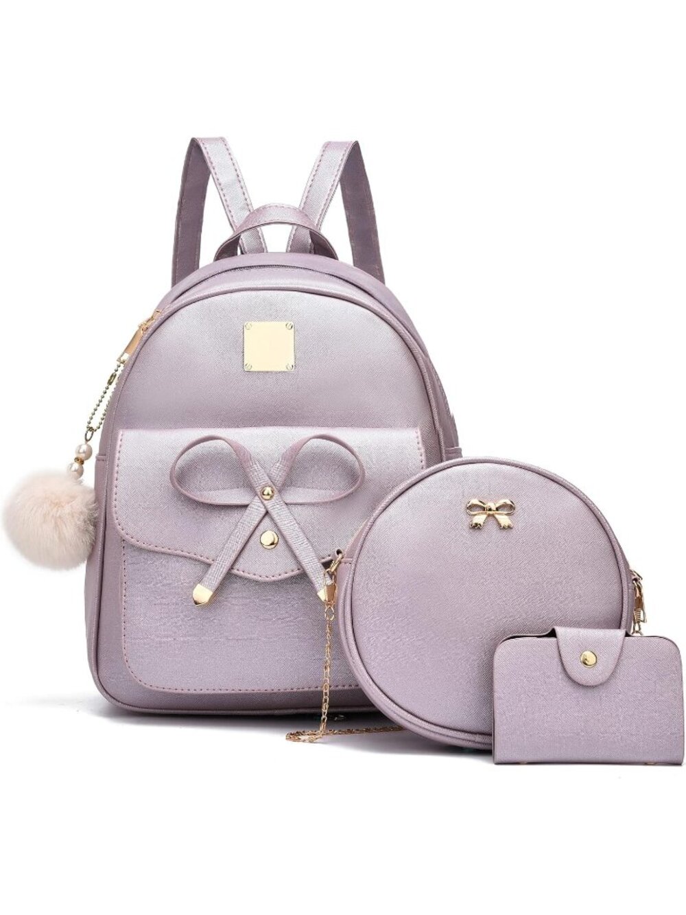 Women Pearl Purple PU Leather lightweight Fahsion 3-Pieces Backpack Shoulder Bag